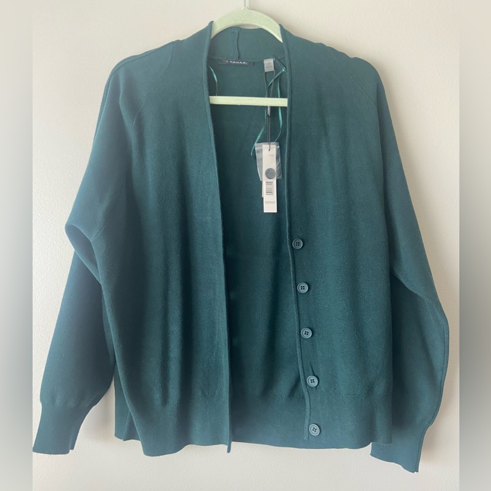 T Tehari/Button-Up Women's Pine Green Cardigan Sweater/ Size L